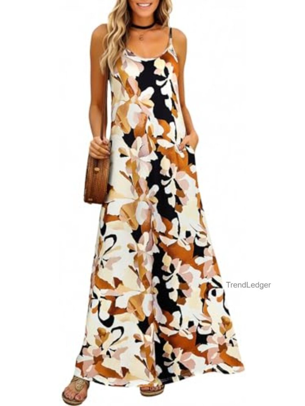 Women's Sleeveless V-Neck Floral Maxi Dress with Pockets Bohemian Summer